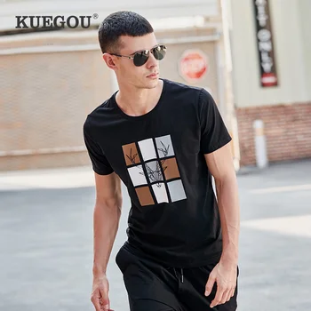 KUEGOU Stretch bombaža moška T-shirt poletje Moda geometrijske tiskanje tshirt kratkimi slim Tt rokavi moški vrh velikost UT-09324
