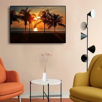 Laeacco Moda Platno Plakat Slikarstvo Tropskih Velika Morje Palmovih Kokosovo Drevo Zlati Sončni Zahod Stenske Slike Doma Za Dnevno Sobo Dekor