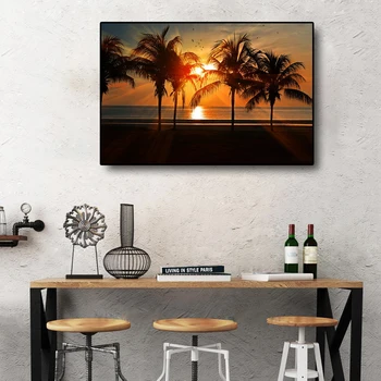 Laeacco Moda Platno Plakat Slikarstvo Tropskih Velika Morje Palmovih Kokosovo Drevo Zlati Sončni Zahod Stenske Slike Doma Za Dnevno Sobo Dekor