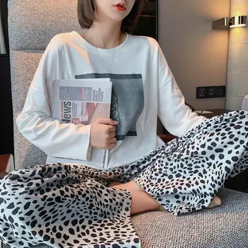 Leopard Domov Hlače, Oblačila za Ženske Sleepwear Nastavite Spomladi in Jeseni Pižamo za Ženske Bombaž Pijama Mujer Homewear Pyjama Femme