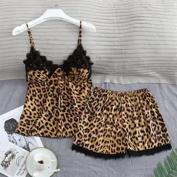 Leopard Ženske 2PCS Sleepwear Trak Top&hlače Saten Pijamas bo Ustrezala Čipke Pižamo Sklop Priložnostne Poletje Ženski More Seksi Homewear