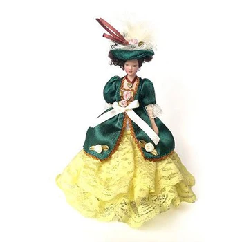 Lep Miniaturni Porcelanaste Lutke, Viktorijansko Lady Zeleno Obleko Miss Lady 1:12 Lutke