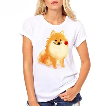 Lepe Rjave pomorjansko natisne majica s kratkimi rokavi ženske modni pes design tshirt ženske bele o vratu Kratek Rokav tee za dekleta