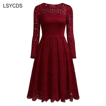 LSYCDS Čipke Obleke za Ženske do leta 2020 Padec Dolg Rokav A-line Stranka Obleko Seksi Priložnostne Črna Modra Rdeča Čipke Vintage Obleko Elegantno