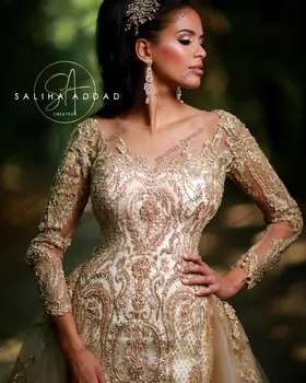 Luksuzni Arabski Poročne Obleke Morska Deklica Obliko Z Overskirt Muslimanskih Žensk Poročne Halje Maroško Islamsko Poročni Obleki