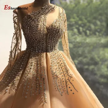 Luksuzni Dubaj Večerno Obleko 2020 O Vratu Dolge Rokave Diamantni Kristal Sequins Ročno Formalno Stranko Poročnih Oblek
