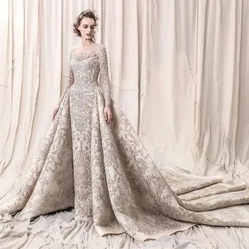 Luksuzni Kroglice Sequins Čipke Poročne Obleke 2020 Romantično Črto Dolg Rokav Poroka Poročni Halje Haljo De Mariee