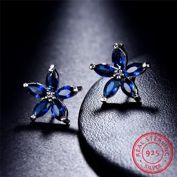 Luksuzni Ženski Naravni Blue Sapphire Uhani 925 Sterling Silver Uhani Za Ženske Letnik Kvadratnih Cvet Stud Uhani