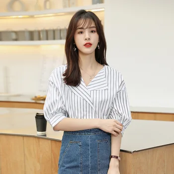 Luč sleeve majica ženska 2020 poletje novi korejski priložnostne črtasto majico s kratkimi rokavi svoboden vrh