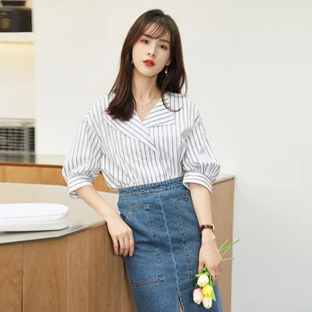 Luč sleeve majica ženska 2020 poletje novi korejski priložnostne črtasto majico s kratkimi rokavi svoboden vrh