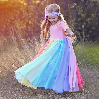 Malčka Otroci Obleke Za Baby Dekleta Pomlad Mavrica Princesa Sundress Kratek Rokav Stranka Plaži Kostum Otrok Poletne Obleke