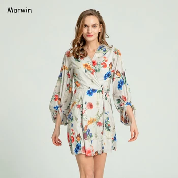 Marwin 2020 Pomlad Poletje High Street Tri Četrtine Luč Rokav Imperij A-Liniji Kolena-Dolžina Cvetlični V-Neck Ženske Obleke