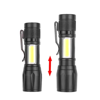 Mini Akumulatorska LED Svetilka COB+XPE Prenosna baterijska Svetilka Kampiranje Luč Zoomable Osredotočiti Svetlobo Taktično Svetilko z Peresom Posnetek