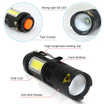 Mini Prenosni Delovna svetilka COB Svetilka ZOOM 4 Način 2000LM Q5 LED svetilko svetilka Zunanja Luč, luč za Uporabo AA Baterije 14500
