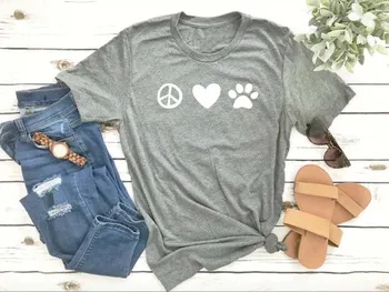 Mir, Ljubezen Pes Šapa Natisnjeni T-Shirt Hipster vse psa majica Priložnostne Pes Mama Siva Obleka O-Vrat Vrhovi Stilsko Grafični Grunge Tee