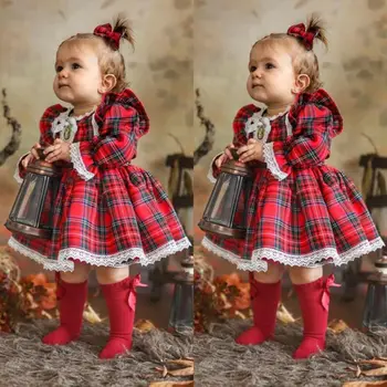 Moda Božič Malčka Malčke Baby Božič Dekle Obleko z Dolgimi Rokavi Čipke Tutu črto Kariran Jeseni Obleko