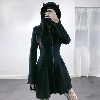 Moda Za Ženske Mačje Uho Hoodie Obleke Puloverju Long Sleeve Hooded Srčkan Majica Dress Vintage Black Zadrgo Punk Mini Obleke