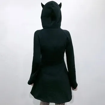 Moda Za Ženske Mačje Uho Hoodie Obleke Puloverju Long Sleeve Hooded Srčkan Majica Dress Vintage Black Zadrgo Punk Mini Obleke