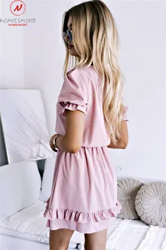 Moda Za Ženske Poletje Trden Barva-Line Obleko, Krčenje Design Ruffles Dekor Proti-Vrat Kratek Rokav Visoko Pasu Slim Mini Obleka