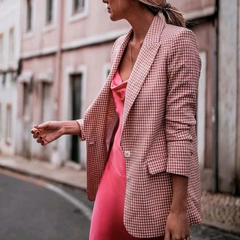 Moda za Ženske roza vzorcem jopič bo ustrezala 2019 urad ženske elegantne zarezo ovratnik blazerji dolg rokav jakne dekleta obleke nastavite chic