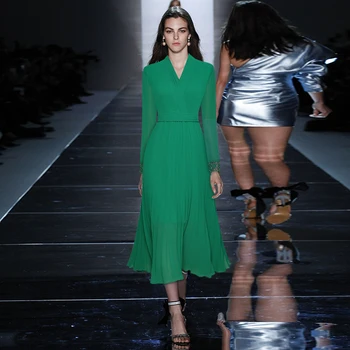 Modni Oblikovalec znane blagovne znamke visoke kakovosti vzletno-pristajalne Steze obleko 2020 Ženske Proti-Vrat dolg rokav čipke naguban Elegantno Šifon Obleke