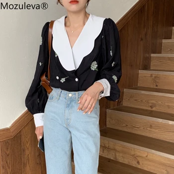 Mozuleva Vintage Bluze 2020 Eleganten V-izrez Razrezana Tiskanje, Vezenje korejski Bombaž Majica Ženske Dolge Rokave Svoboden Vrhovi
