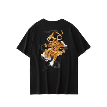Moške guochao Plima Vezenje Tiger Kitajski Trend blagovno Znamko T-shirt Ulica Trend Modni Svoboden Bombaža T-shirt Priložnostne Vrh