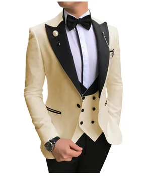 Moške Obleke 3 Kos Slim Fit Poslovne Obleke, Ženina Šampanjec Plemenito Siva, Bela Tuxedos za Formalno Poročno obleko (Blazer+Hlače+Telovnik)