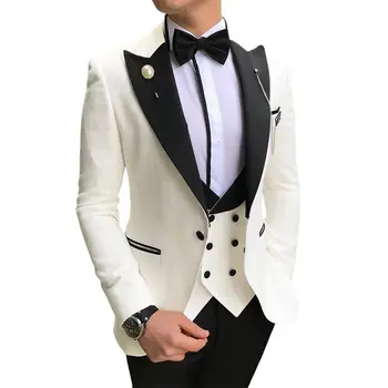 Moške Obleke 3 Kos Slim Fit Poslovne Obleke, Ženina Šampanjec Plemenito Siva, Bela Tuxedos za Formalno Poročno obleko (Blazer+Hlače+Telovnik)