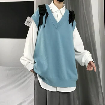 Moški pulover telovnik Jeseni barva pletene moški korejskem slogu trend svoboden proti-vrat brez rokavov waistcoat jopica telovnik Šoli slog