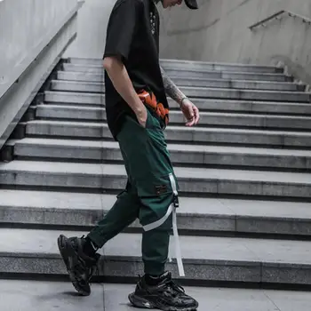 Moški trakovi mozaik tovora hlače hip hop ulične joggers človek zeleno-črna harajuku punk sweatpants hlač
