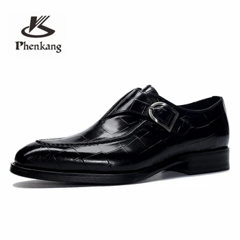 Moški usnjeni čevlji poslovno obleko obleko, čevlji za moške blagovne znamke Bullock pravega usnja, črna slipon poroko mens čevlji Phenkang 2020