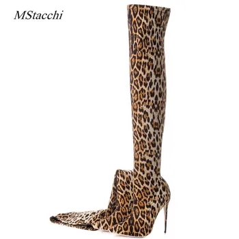 Mstacchi Novo Pomlad Jesen Seksi Visokih Petah Modni Čevlji Za Ženske Nad Kolena Stretch Čevlji Leopard Stilettos Velika Velikost 33-43