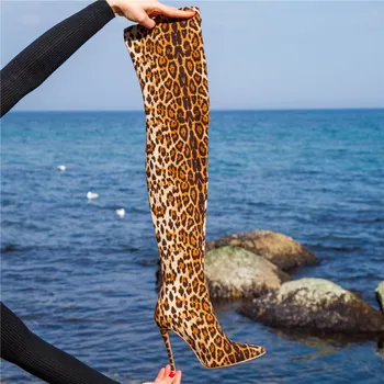 Mstacchi Novo Pomlad Jesen Seksi Visokih Petah Modni Čevlji Za Ženske Nad Kolena Stretch Čevlji Leopard Stilettos Velika Velikost 33-43