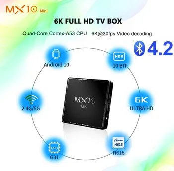 MX10 Mini Smart TV Box Android 10 4G 64GB 2.4 G&5G Dvojno WIFI BT4.2 6K Google Voice Pomočnik Youtube Media Player Set top box
