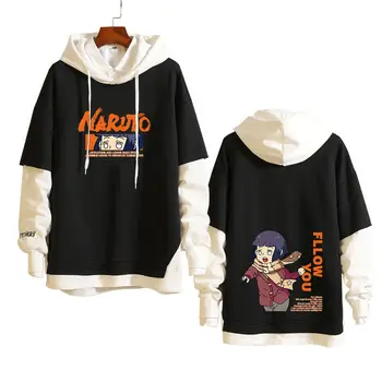 Naruto Tiskanja Hoodie Moški Ženske Ponaredek Dva Kosa Harajuku Hoodie Coats Sasuke Risanka Majica Ulične Hip Hop Vrhnja Oblačila