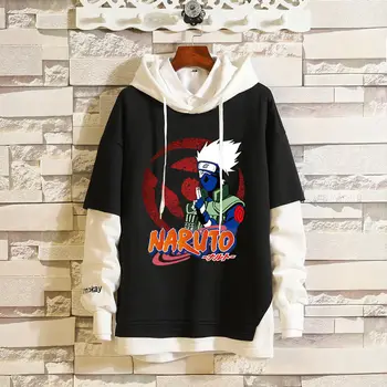 Naruto Tiskanja Hoodie Moški Ženske Ponaredek Dva Kosa Harajuku Hoodie Coats Sasuke Risanka Majica Ulične Hip Hop Vrhnja Oblačila
