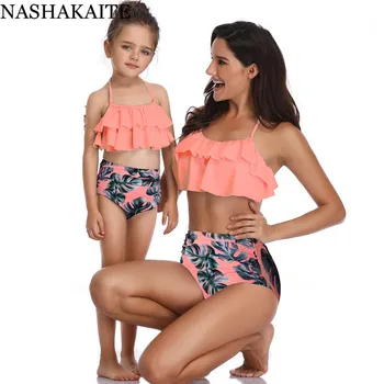 NASHAKAITE Mamica in mi kopalke Listov Tiskanje Ogrlicom Bikini Komplet Poletne Počitnice na Plaži Družino Videz Kopalke Mama Hčerko