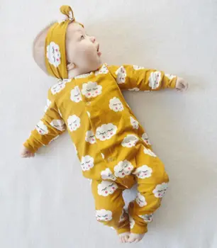Newborn Baby Dekle Ruffle Cloud Printing Romper Jumpsuit Pižame Z Dolgimi Rokavi, Mehka, Topla Oblačila Ou