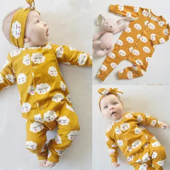 Newborn Baby Dekle Ruffle Cloud Printing Romper Jumpsuit Pižame Z Dolgimi Rokavi, Mehka, Topla Oblačila Ou
