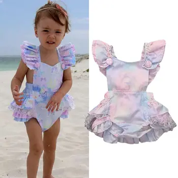 Newborn Baby Dekleta Sequins Čipke Jumpsuit Cvetlični Obleko Sunsuit Plaža Obleko