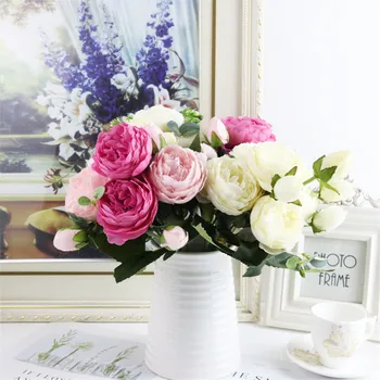 Nov 30 cm Rose Svile Peony Umetne Rastline Šopek rož 5 Veliko Glavo in 4 Bud Ponaredek Cvetje za Dekoracijo Doma Poroko Dekor