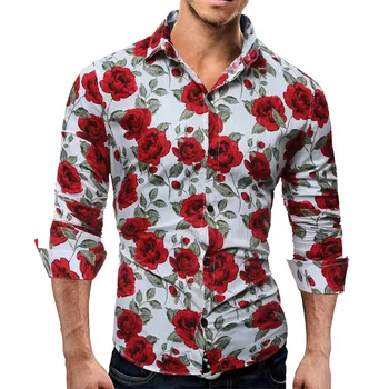 Nova moška Športna Majica Dolg Rokav Moda Rose Cvet 3D Cvjetnim Natisne Majica Zavoj navzdol Ovratnik Slim Fit Majica Za Moška Oblačila