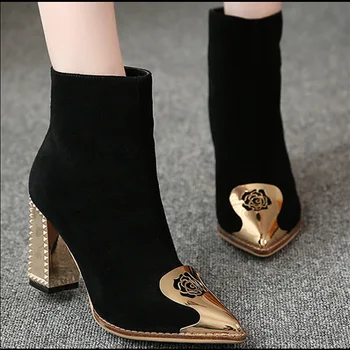 Nove Jesensko zimske Ženski škornji kovinski pointy visoke pete škornji za ženske nazaj zadrgo antilop ženske čevlji kvadratni pete