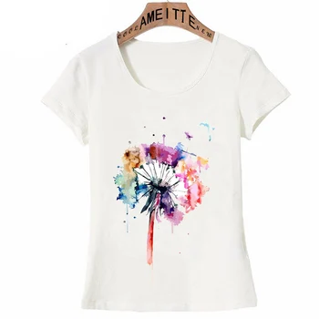 Nove Modne Ženske Kratek Rokav Srčkan Regrat, Akvarel Natisni T-Shirt Smešno Botanični Art Design Priložnostne Vrhovi Luštna Punca Tees
