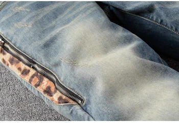Nove Moške moški modni priložnostne leopard tiskanja krpanje lukenj ripped kavbojke Ulične vitek, suh stretch traper hlače hlače