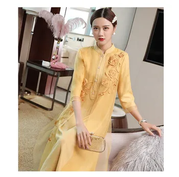 Novi jesenski Tradicionalni Kitajski nacionalni slog 3D cvet vezene slim čaj slog odvijte različico cheongsam obleko za ženske