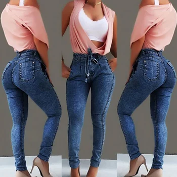 Novi Seksi Visok Pas, Jeans Za Ženske Slim Stretch Denim Jean Bodycon Tassel Pasu Povoj Suh Push Up Jeans Ženska, Plus Velikost 5XL
