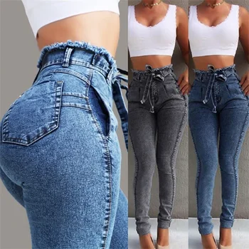 Novi Seksi Visok Pas, Jeans Za Ženske Slim Stretch Denim Jean Bodycon Tassel Pasu Povoj Suh Push Up Jeans Ženska, Plus Velikost 5XL