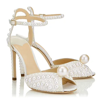 Novi sladki riž white pearl votlih ribe usta visoko peto poročni čevlji temperament besedo sponke ženski sandali